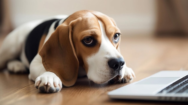 Ein Hund schaut auf einen Laptop