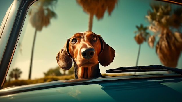 Ein Hund schaut aus einem Autofenster mit Palmen im Hintergrund.