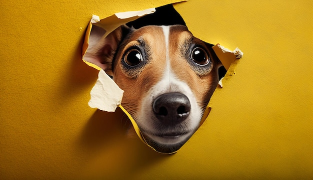 Ein Hund schaut durch ein Loch in einem gelben Papier.