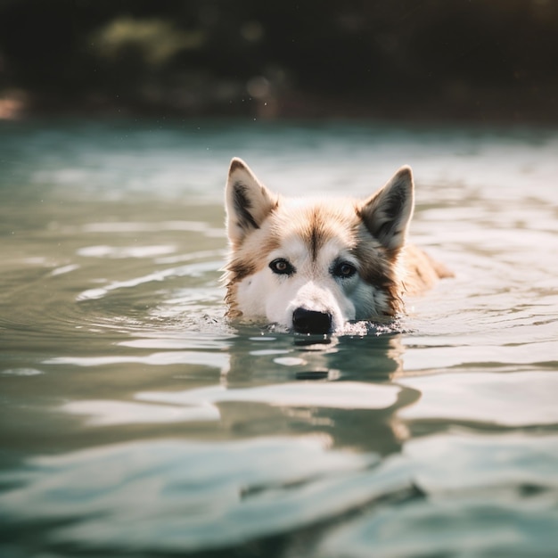 Ein Hund schwimmt mit aufgestellten Ohren im Wasser.