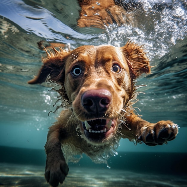 Ein Hund schwimmt unter Wasser und blickt in die Kamera.