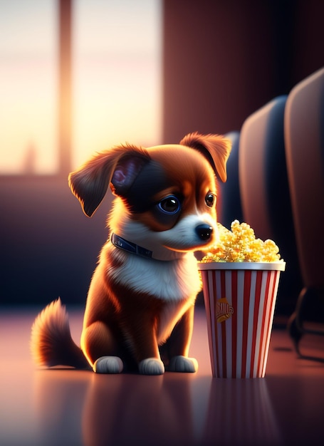 Ein Hund sieht sich einen Film mit Popcorn davor an.