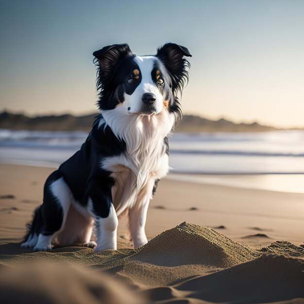 Ein Hund sitzt am Strand und im Hintergrund ist das Wasser.