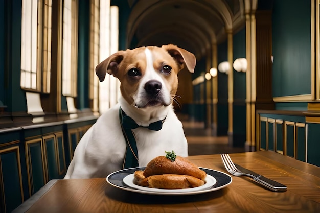 Ein Hund sitzt an einem Tisch mit Essen darauf