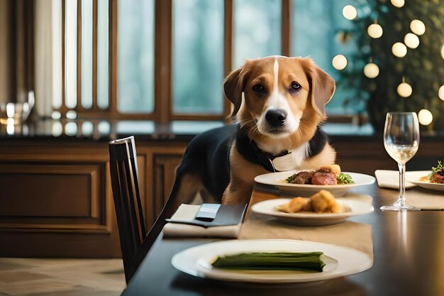 Foto ein hund sitzt an einem tisch mit essen darauf