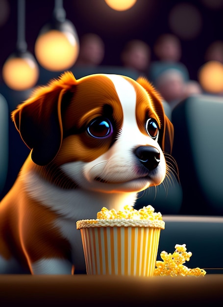 Ein Hund sitzt an einem Tisch mit Popcorn vor sich.