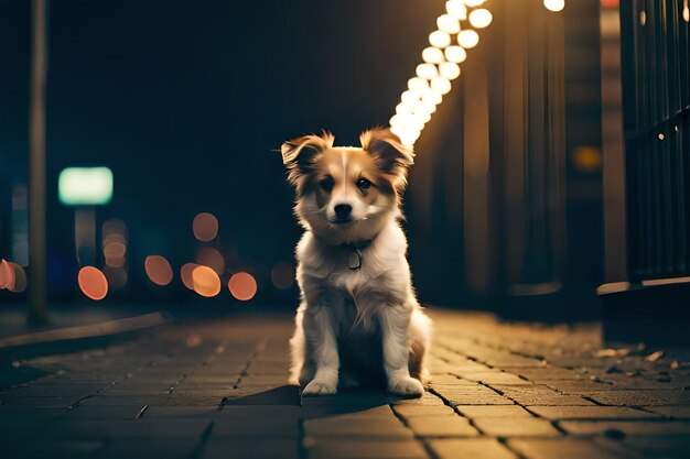 ein Hund sitzt auf dem Bürgersteig vor einem Straßenlicht.