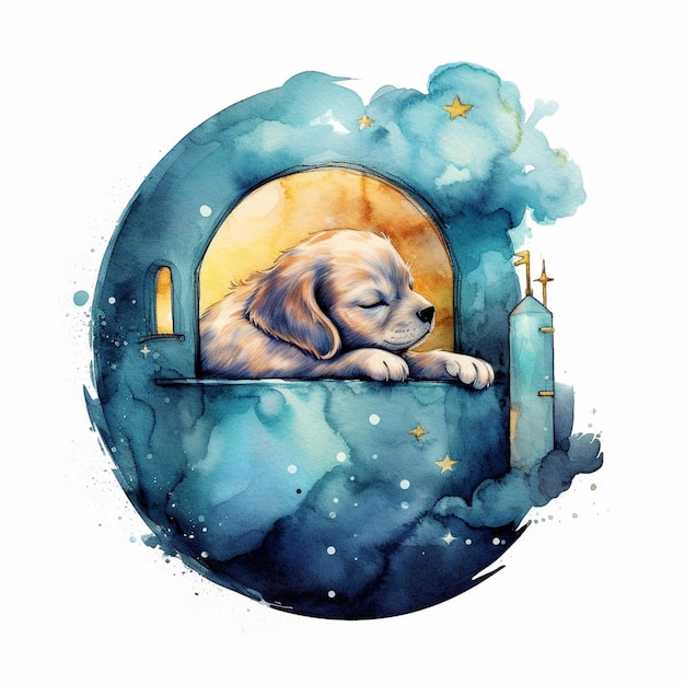 Ein Hund sitzt auf dem Mond-Aquarell-Vektor