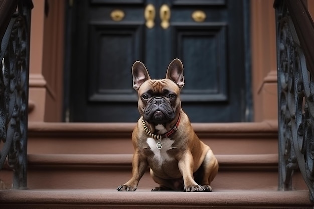 Ein Hund sitzt auf den Stufen eines Hauses.
