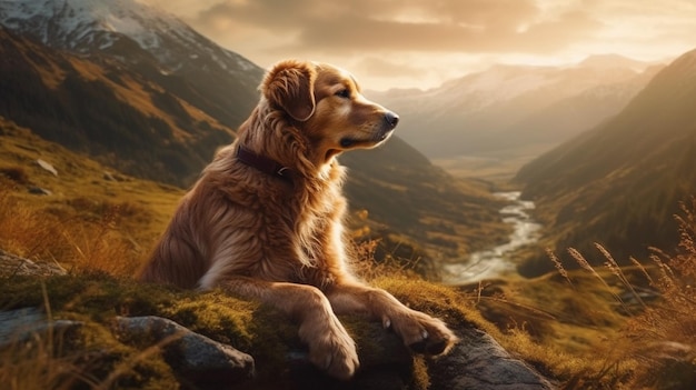 Ein Hund sitzt auf einem Felsen in einem Feld mit Bergen im Hintergrund.