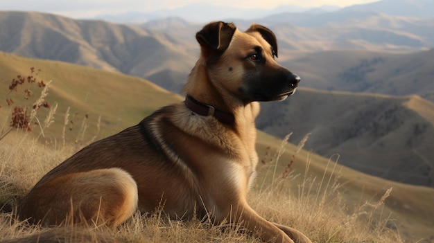 Ein Hund sitzt auf einem Hügel in den Bergen