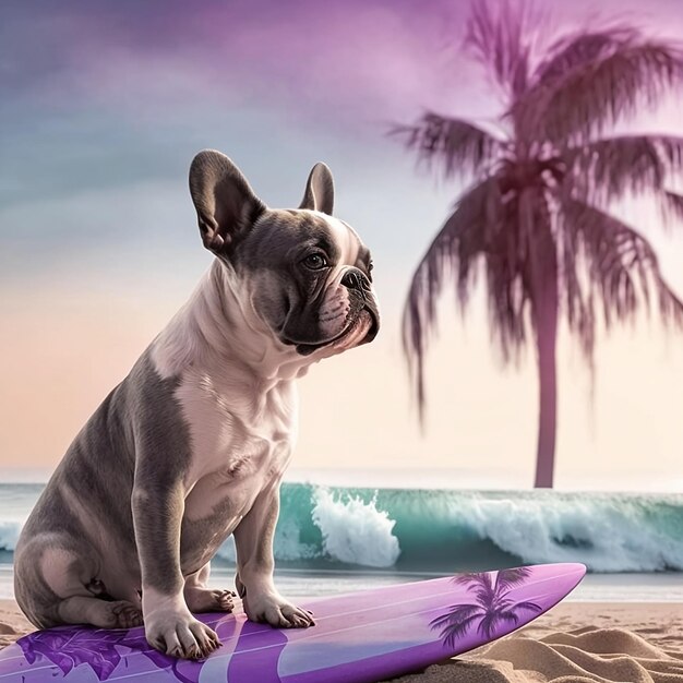 Ein Hund sitzt auf einem Surfbrett, im Hintergrund eine Palme.