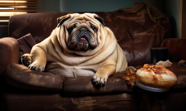 Ein Hund sitzt auf einer Couch neben einem Teller mit Essen