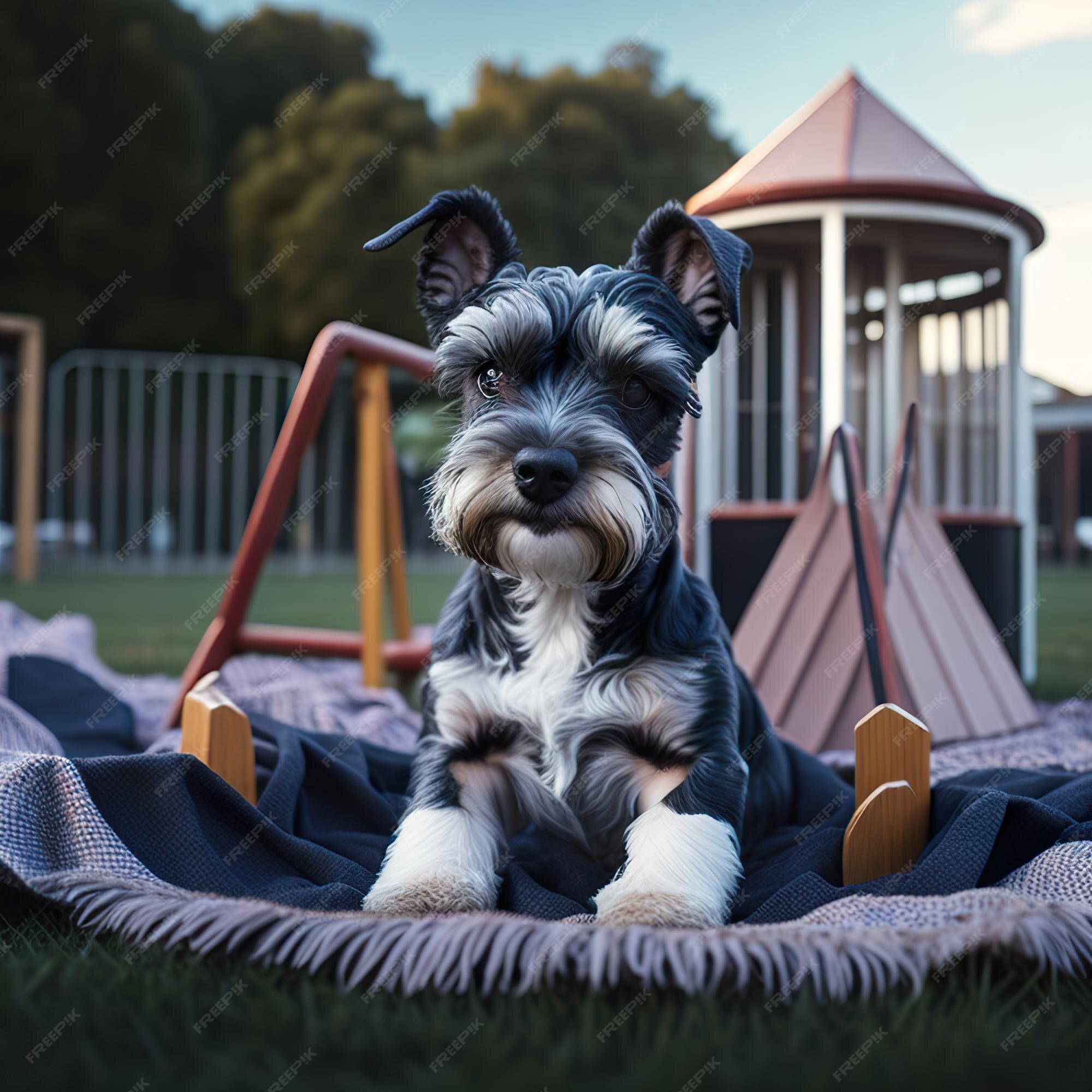 Ein hund sitzt auf einer decke vor einem | Premium-Foto