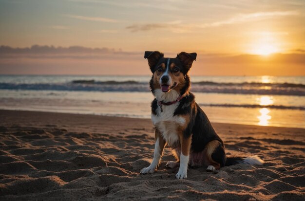 Foto ein hund sitzt bei sonnenuntergang am strand