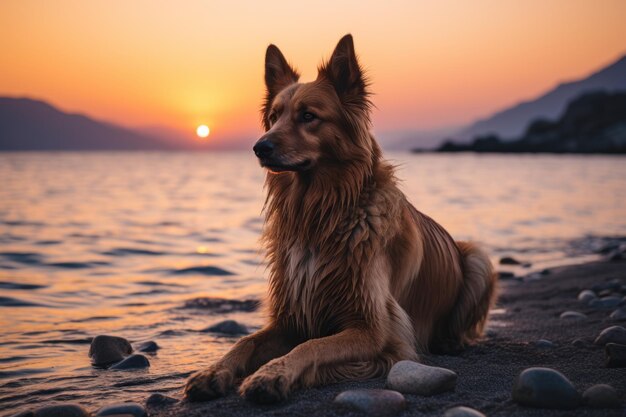 Ein Hund sitzt bei Sonnenuntergang am Strand