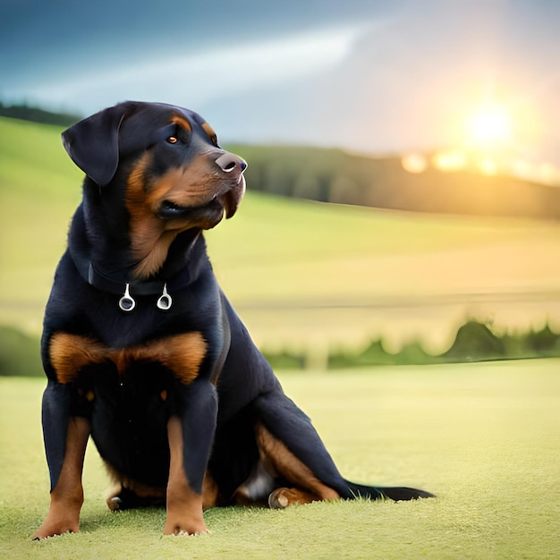 Ein Hund sitzt im Gras, die Sonne dahinter