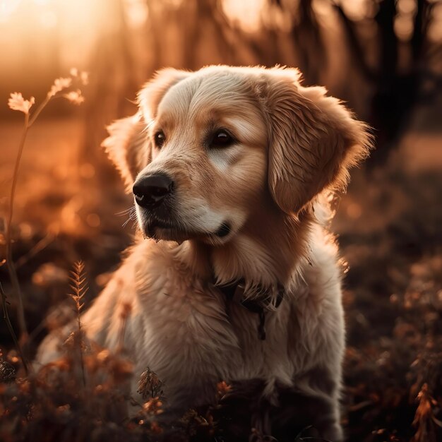 Ein Hund sitzt im Gras und die Sonne geht unter.