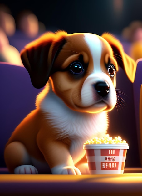 Ein Hund sitzt im Kino und isst Popcorn