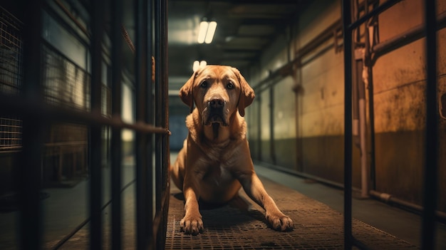 Ein Hund sitzt in einem dunklen Raum mit dunklem Hintergrund.