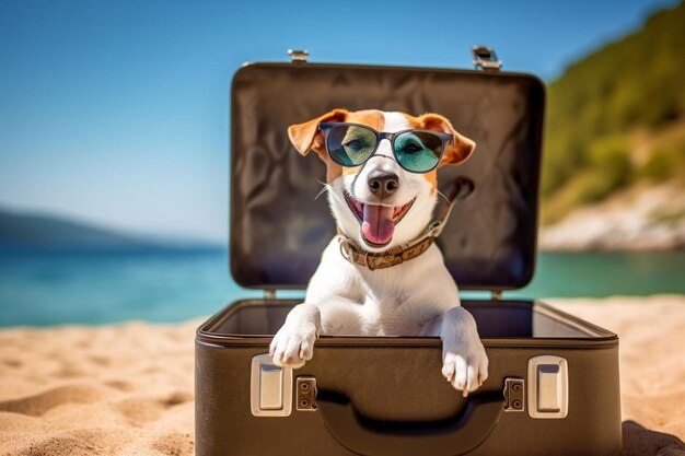 ein Hund sitzt in einem Koffer am Strand