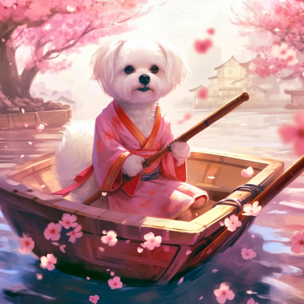 Ein Hund sitzt in einem Sakura-Boot auf einem See Generative KI