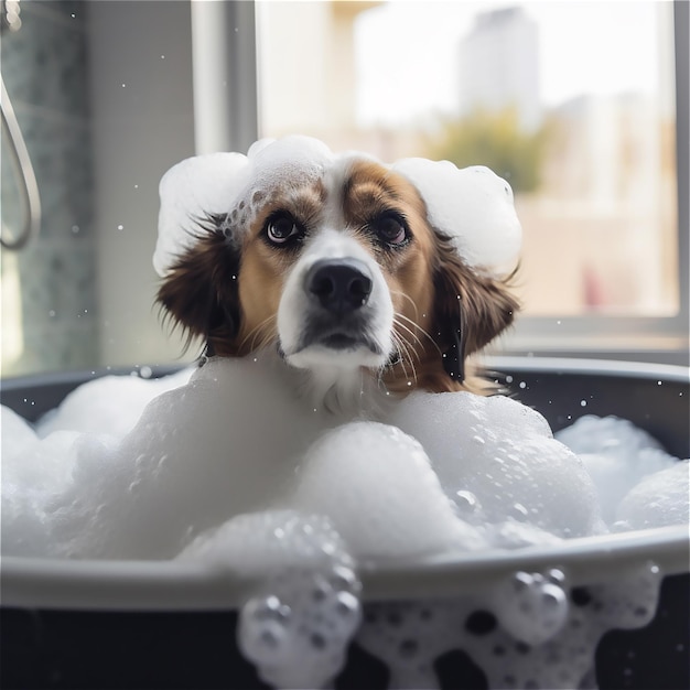 Ein Hund sitzt in einer Badewanne mit Schaum darauf.