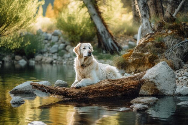 Foto ein hund sitzt inmitten einer ruhigen naturlandschaft