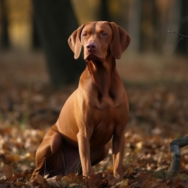 Ein Hund sitzt mit Blättern darauf im Wald