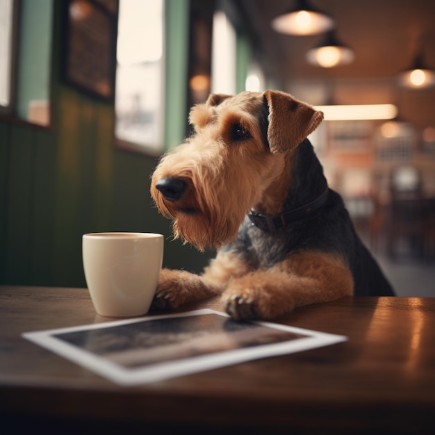 Ein Hund sitzt mit einer Tasse Kaffee an einem Tisch.