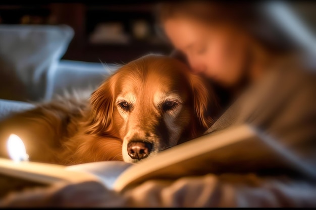 Foto ein hund sitzt neben einer person, die ein buch liest