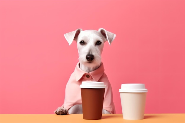 Ein Hund sitzt neben einer Tasse Kaffee
