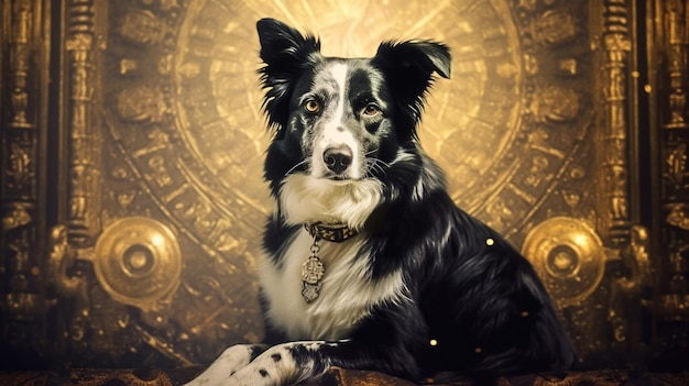 Ein Hund sitzt vor einem goldenen Hintergrund