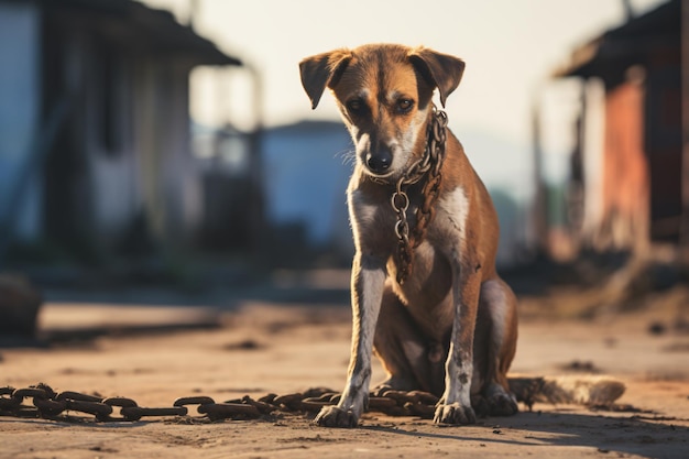 Foto ein hund sitzt vor einem haus auf dem boden.