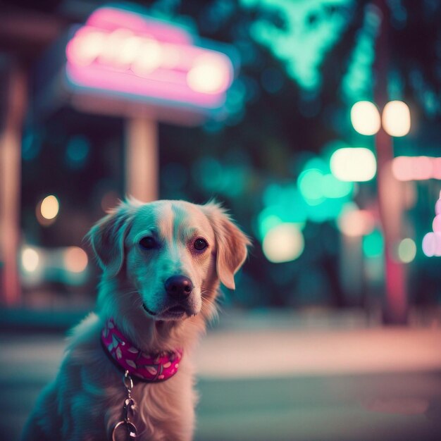 Ein Hund sitzt vor einem Neonschild, auf dem steht: "Pizza".