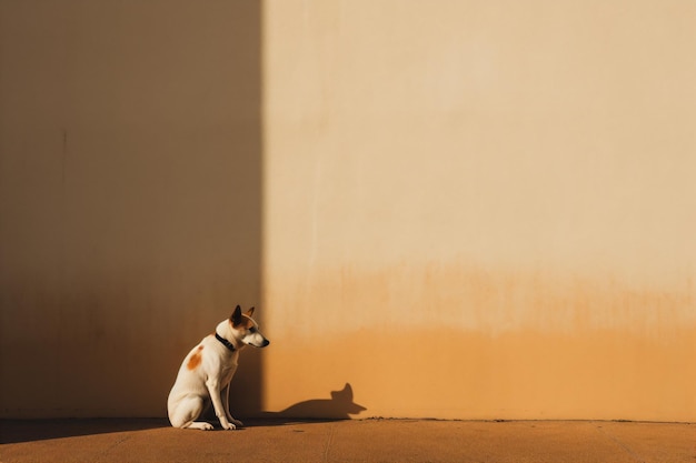 Ein Hund sitzt vor einer Wand