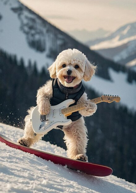 Foto ein hund spielt eine gitarre mit einer weißen gitarre im schnee