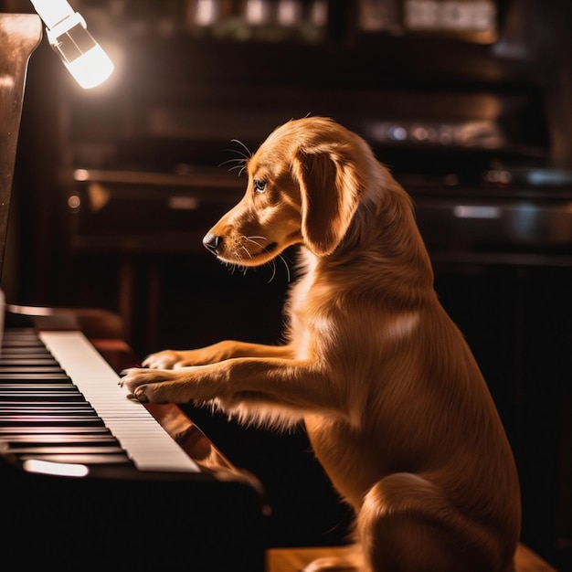 Ein Hund spielt im Dunkeln Klavier.