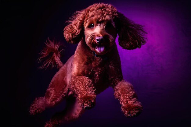 Ein Hund springt in die Luft mit einem violetten Hintergrund.