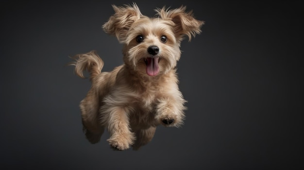 Ein Hund springt mit ausgestreckter Zunge in die Luft.