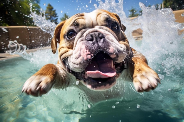 Ein Hund springt mit einem Wasserspritz in einen Pool.