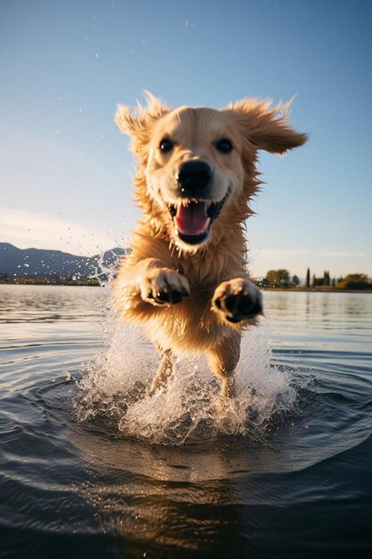 ein Hund springt mit seinen Pfoten in die Luft ins Wasser