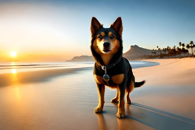 Ein Hund steht am Strand, im Hintergrund der Sonnenuntergang.