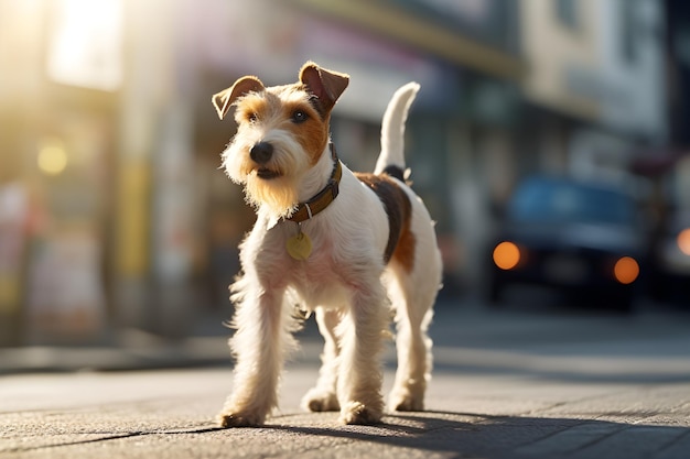 Ein Hund steht auf dem Gehweg vor einem Geschäft.