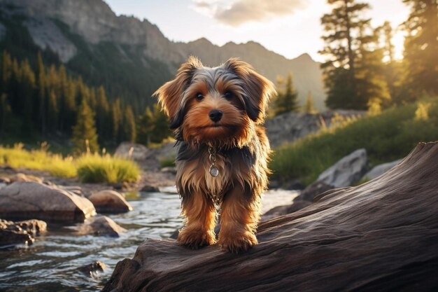 Ein Hund steht auf einem Baumstamm vor einer Bergkette.