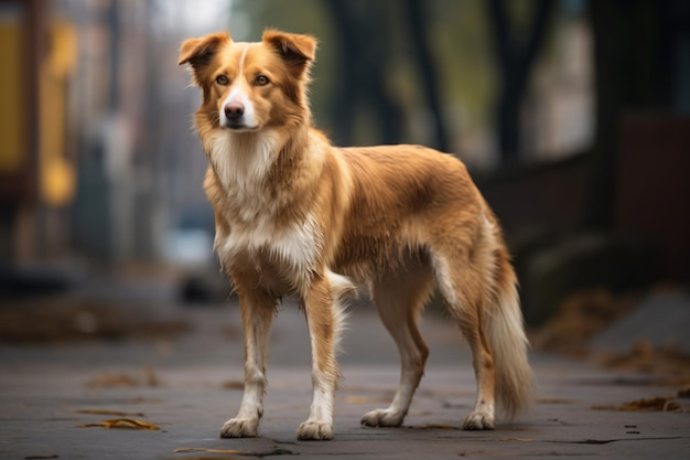 Ein Hund steht auf einem Bürgersteig in einer Stadt