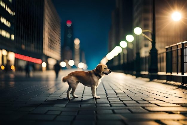 Ein Hund steht auf einem gemauerten Bürgersteig in der Stadt.
