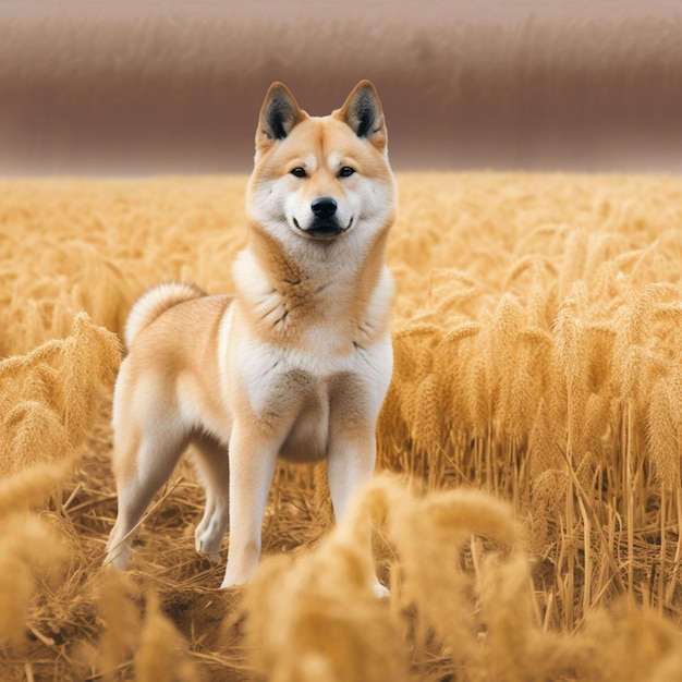 Ein Hund steht in einem Weizenfeld mit dem Wort Akita auf der Vorderseite.