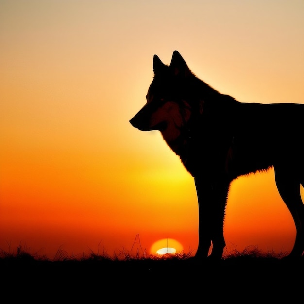 Ein Hund steht vor einem Sonnenuntergang, hinter dem die Sonne untergeht.