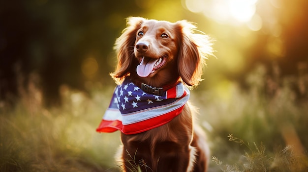 Ein Hund trägt ein Halstuch mit der Aufschrift „Amerikanische Flagge“.